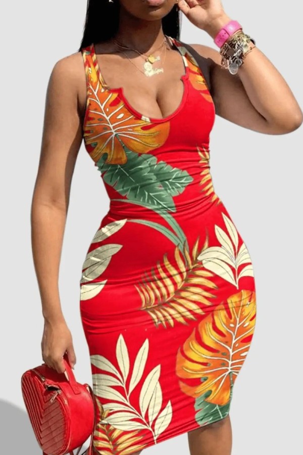 Red Fashion Casual Plus Size Print Basic U-Ausschnitt Weste Kleid