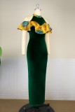 Tinta verde sexy estampado formal ahuecado hacia fuera patchwork hendidura medio cuello alto falda de un paso vestidos de talla grande