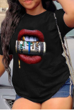 T-shirts noirs à col rond et patchwork imprimé lèvres décontractées