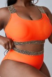 Orange, sexy, einfarbig, Patchwork, rückenfrei, U-Ausschnitt, Plus-Size-Badebekleidung (mit Polsterung)