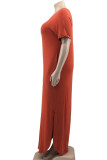 Tangerine Red Casual Solid Patchwork Schlitz V-Ausschnitt Gerade Kleider in Übergröße