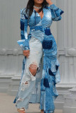 Robes décontractées bleues à imprimé de rue, patchwork asymétrique, col en V, droites, grande taille
