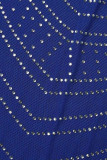 Blauwe sexy patchwork hete boren uitgeholde doorzichtige halve coltrui jurken met lange mouwen
