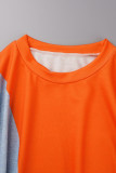 Tangerine Red Casual Solid Patchwork O Neck Tops
