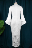 Weißes, elegantes Patchwork-O-Ausschnitt-Abendkleid in Übergröße