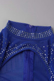 Azul sexy patchwork perforación en caliente ahuecado transparente medio cuello alto vestidos de manga larga