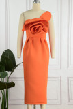 Orange Elegant Solid Patchwork Appliques Oblique Collar Dresses