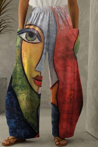 Pantaloni a vita alta regolari con tasca patchwork stampa casual moda rosso pallido