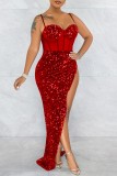 Röd Mode Sexig Patchwork Paljetter Genomskinlig Backless Spaghetti Strap Oregelbunden klänning