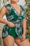 Conjunto de tres piezas de traje de baño de talla grande con cuello en V transparente con estampado sexy verde (con relleno)
