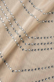 Albaricoque sexy patchwork perforación en caliente ahuecado transparente medio cuello alto vestidos de manga larga