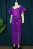 Robes de grande taille violet décontracté solide patchwork col en V jupe une étape