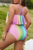 Colour Sexy Print Patchwork Backless U Neck Plus Size Swimwear (With Paddings)