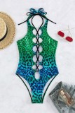 Turquoise Sexy Geleidelijke Veranderende Print Bandage Uitgeholde Backless Zwemkleding (Met Paddings)