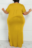 Желтые повседневные однотонные лоскутные разрезы с V-образным вырезом прямые платья больших размеров