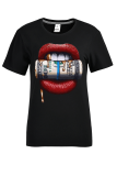T-shirts noirs à col rond et patchwork imprimé lèvres décontractées