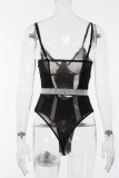 Черное сексуальное однотонное прозрачное лоскутное белье с поясом
