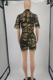 Army Green Casual Print Camouflage Print Patchwork Zipper Turndown Collar Regular Rompers