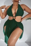 Dark Green Sexy Print Solid Bandage Patchwork Backless Swimsuit (With Paddings)