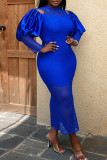 Blauwe elegante effen uitgeholde patchwork O-hals eenstaps rok Grote maten jurken