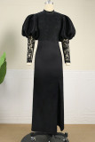 Zwarte vintage elegante effen patchwork avondjurk met split en hals Grote maten jurken