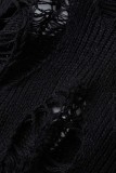 Blusas pretas sexy casuais lisas rasgadas vazadas transparentes com decote em O