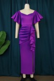 Purple Casual Solid Patchwork V Neck One Step Skirt Plus Size Dresses