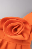 Oranje Elegante Solide Patchwork Applicaties Schuine Kraag Jurken