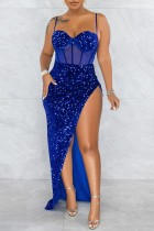 Blue Fashion Sexy Patchwork Sequins See-through Backless Spaghetti Strap Irregular Dress