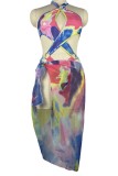 Kleur sexy print tie-dye uitgehold patchwork badkleding zonder rug (met vulling)