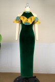 Tinta verde sexy estampado formal ahuecado hacia fuera patchwork hendidura medio cuello alto falda de un paso vestidos de talla grande