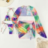 Colour Sexy Print Tie-dye Swimsuit Four Piece Suit (With Paddings)