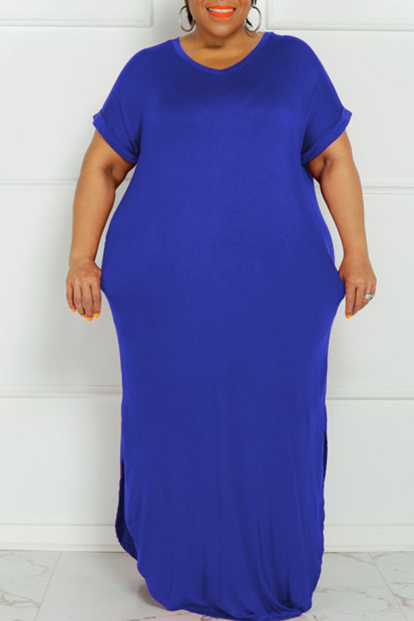 Blauwe Casual Solide Patchwork Spleet V-hals Recht Grote maten jurken