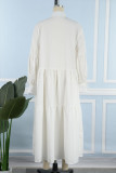 Branco Casual Sólido Patchwork com Fivela Dobra Gola Desligada Camisa Vestido Vestidos (Sem Cinto)