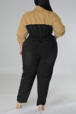 Black Casual Solid Patchwork Buckle Turndown Collar Plus Size Jumpsuits