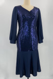Blauwe elegante effen pailletten patchwork V-hals trompet zeemeermin jurken
