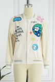 Cream White Casual Street Print Patchwork Buckle Outerwear