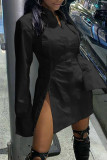ブラック カジュアル ソリッド パッチワーク バックル スリット ターンダウン カラー A ライン プラス サイズ ドレス