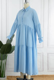 Azul celeste casual patchwork sólido fivela dobra gola camisa vestido vestidos (sem cinto)
