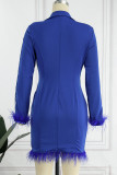 Blaue beiläufige feste Patchwork-Langarm-Kleider mit Umlegekragen