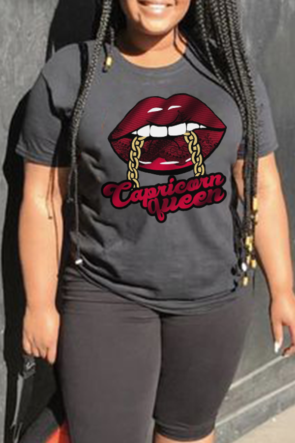 Zwarte casual lippen bedrukte patchwork T-shirts met ronde hals