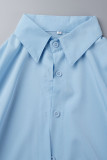 Sky Blue Casual Solid Patchwork Buckle Fold Turndown Collar Shirt Dress Dresses(Without Belt）