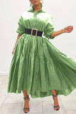 Fruit Green Casual Solid Patchwork Buckle Fold Turndown Collar Shirt Dress Dresses(Without Belt）