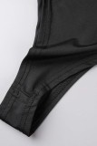Negro sexy patchwork perforación en caliente ahuecado transparente medio cuello alto vestidos de manga larga