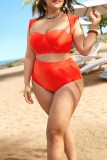 Tangerine Red Sexy Solid Patchwork Backless Square Collar Plus Size Bademode (mit Polsterungen)