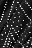 Negro sexy patchwork perforación en caliente ahuecado transparente medio cuello alto vestidos de manga larga