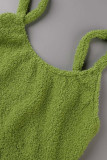 Grüne lässige solide Patchwork-Strickjacke mit Kragen, langen Ärmeln, dreiteilig