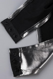 Col Oblique Patchwork Solide Noir Sexy Sans Manches Deux Pièces