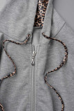 Blanco sexy estampado leopardo patchwork cremallera capucha cuello manga larga dos piezas