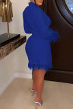 ブルー カジュアル ソリッド パッチワーク ターンバック カラー ロング スリーブ ドレス